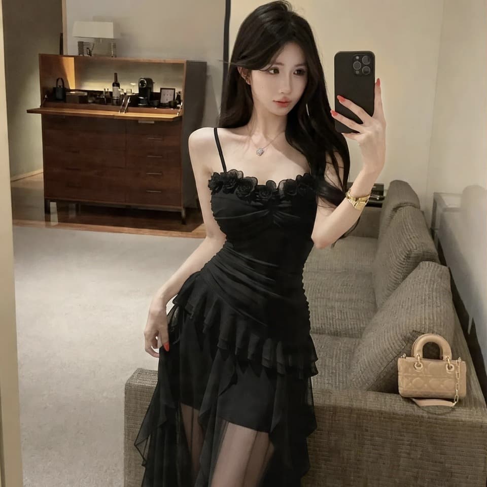 실사 새로운 다용도 롱 스커트 섹시함 낮은 가슴 망사 롱 코트 슬림해 보이는 허리 수축 슬립 드레스 이미지 5