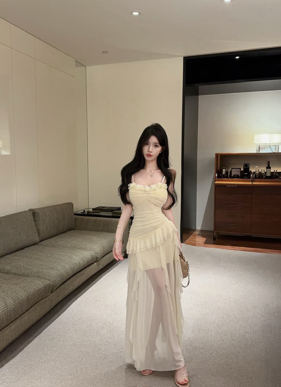 실사 새로운 다용도 롱 스커트 섹시함 낮은 가슴 망사 롱 코트 슬림해 보이는 허리 수축 슬립 드레스 상세 이미지 3