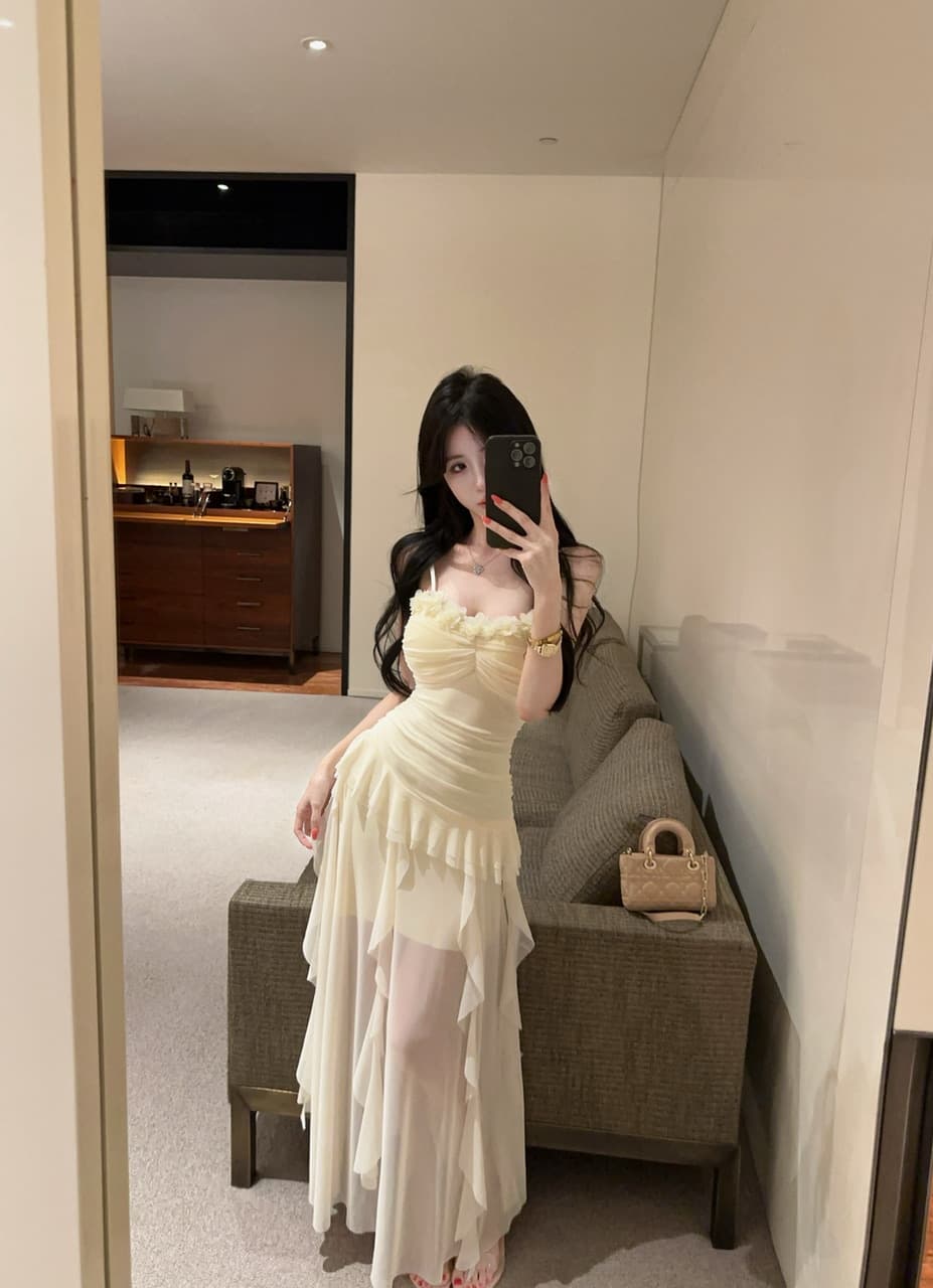 실사 새로운 다용도 롱 스커트 섹시함 낮은 가슴 망사 롱 코트 슬림해 보이는 허리 수축 슬립 드레스 상세 이미지 5