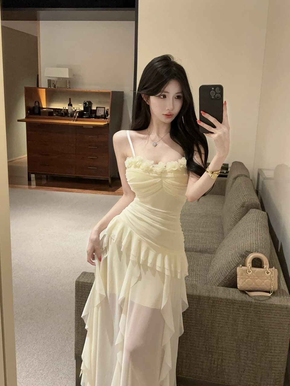 실사 새로운 다용도 롱 스커트 섹시함 낮은 가슴 망사 롱 코트 슬림해 보이는 허리 수축 슬립 드레스 상세 이미지 10