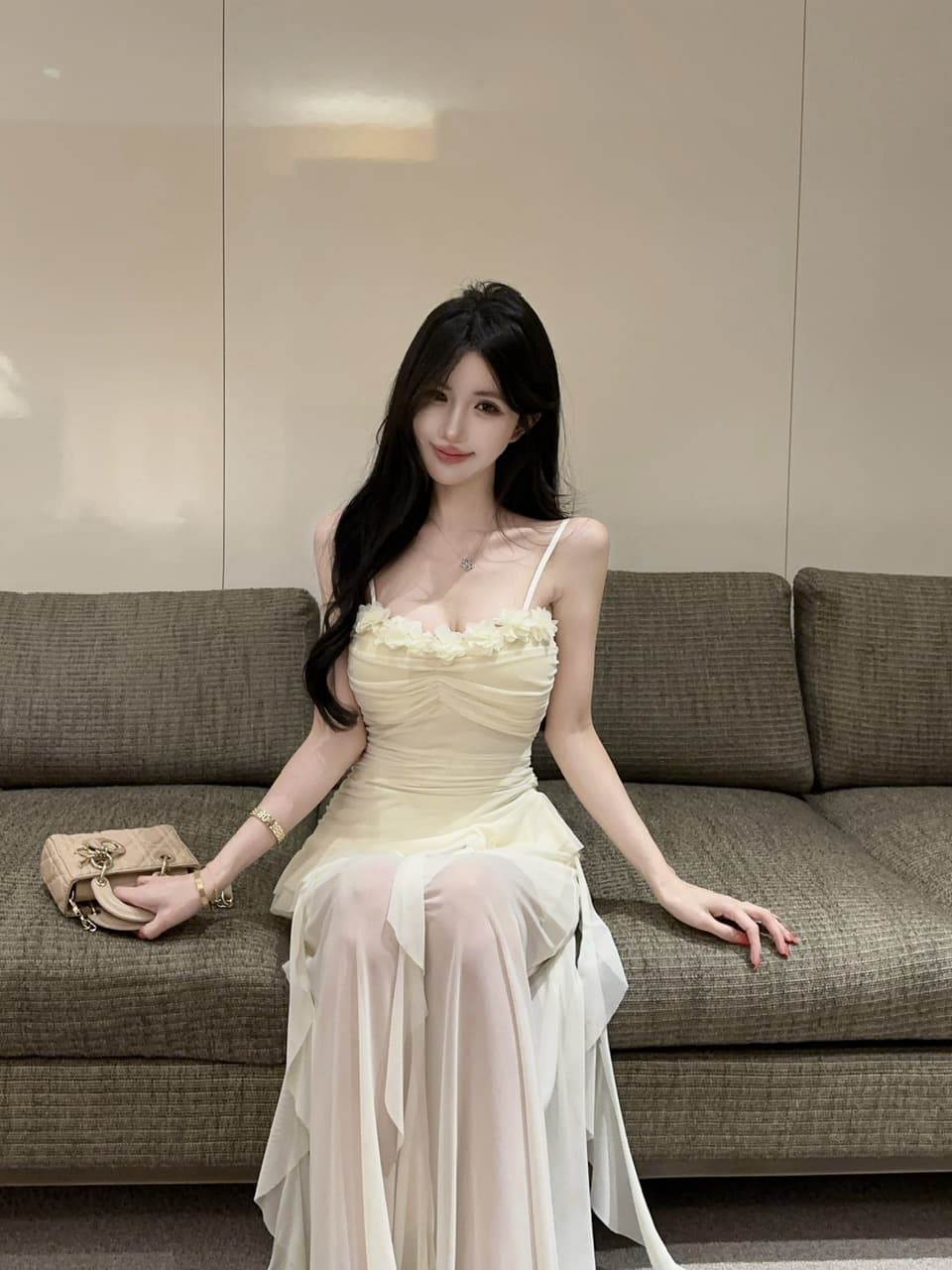 실사 새로운 다용도 롱 스커트 섹시함 낮은 가슴 망사 롱 코트 슬림해 보이는 허리 수축 슬립 드레스 상세 이미지 19