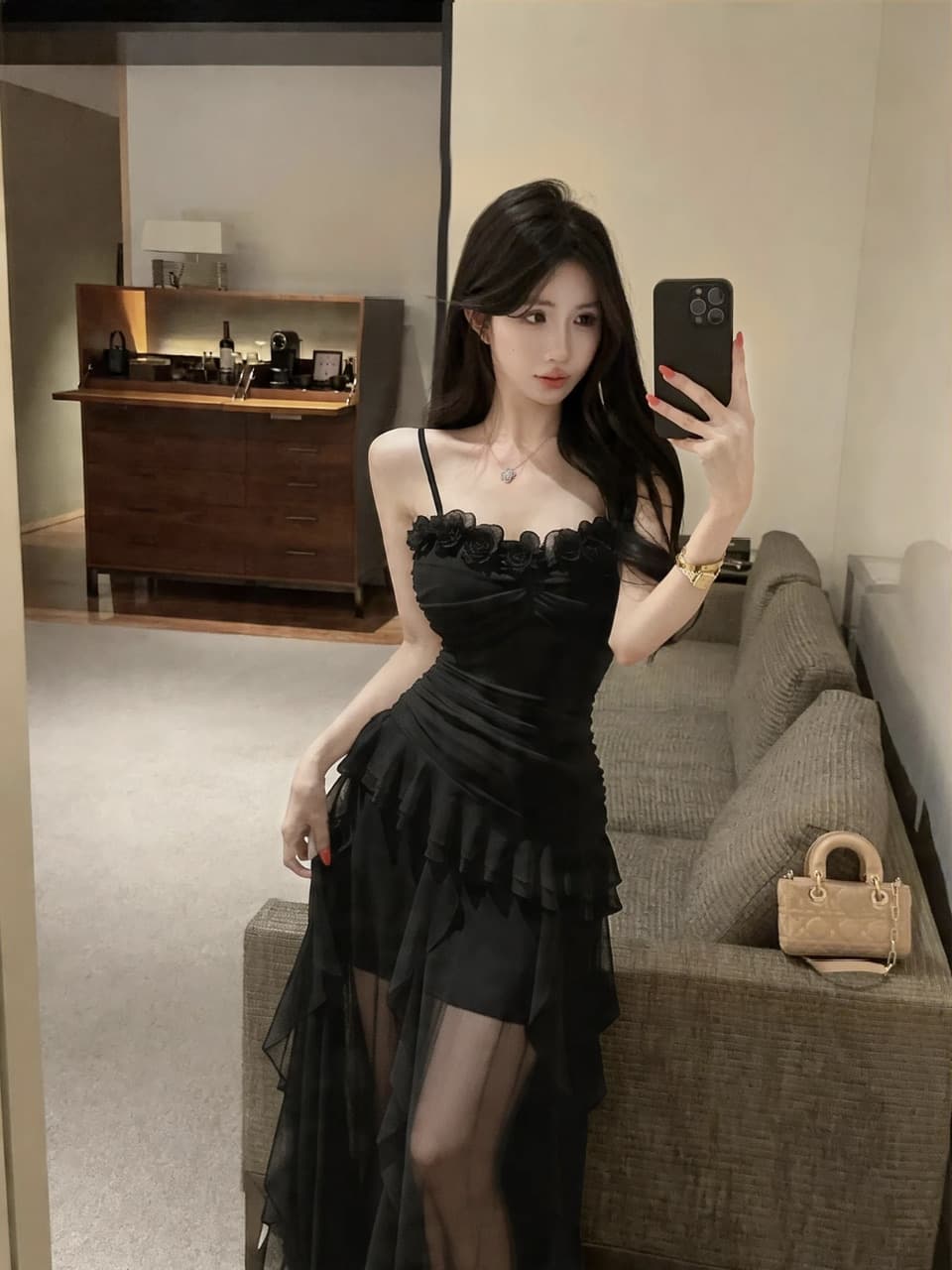 실사 새로운 다용도 롱 스커트 섹시함 낮은 가슴 망사 롱 코트 슬림해 보이는 허리 수축 슬립 드레스 상세 이미지 22