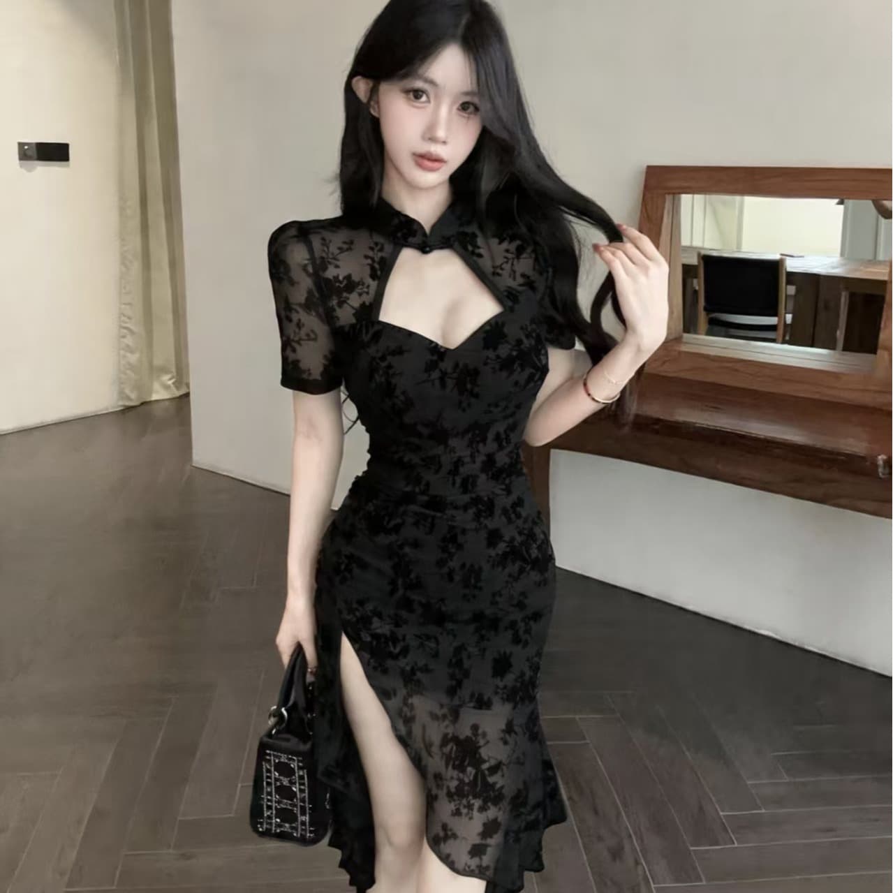 실사 새로운 다용도 섹시함 식물 플러시 개선 치파오 슬림해 보이는 허리 수축 불규칙 드레스 이미지 4