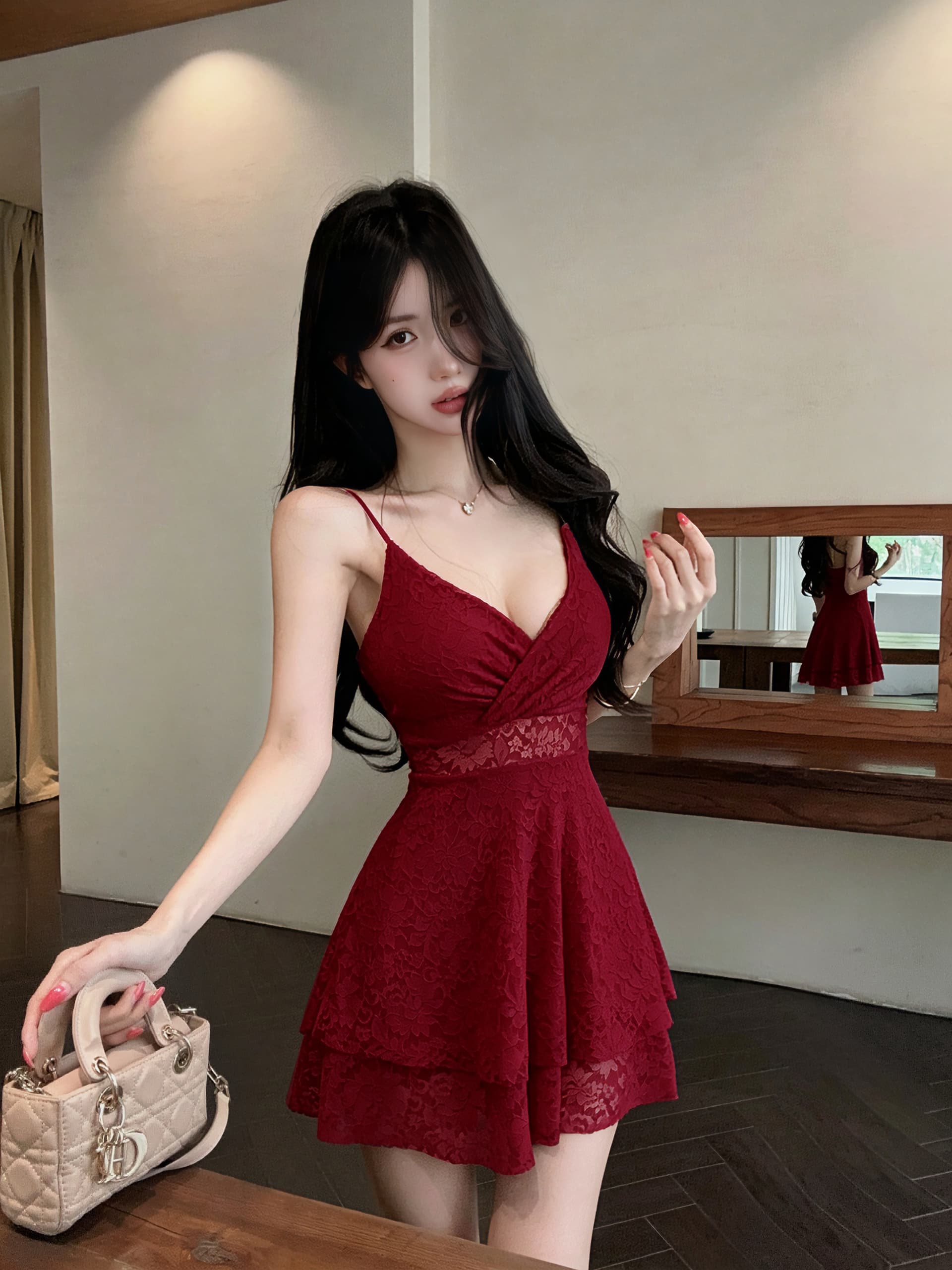 실사 새로운 다용도 섹시함 V넥 십자가 레이스 슬립 허리 수축 슬림해 보이는 큰 진자 드레스 이미지 2