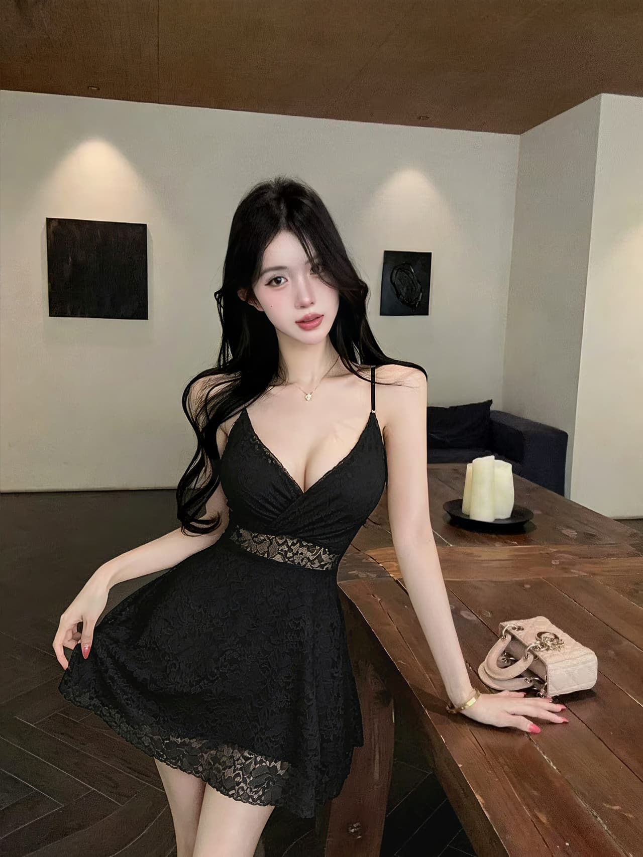 실사 새로운 다용도 섹시함 V넥 십자가 레이스 슬립 허리 수축 슬림해 보이는 큰 진자 드레스 상세 이미지 4