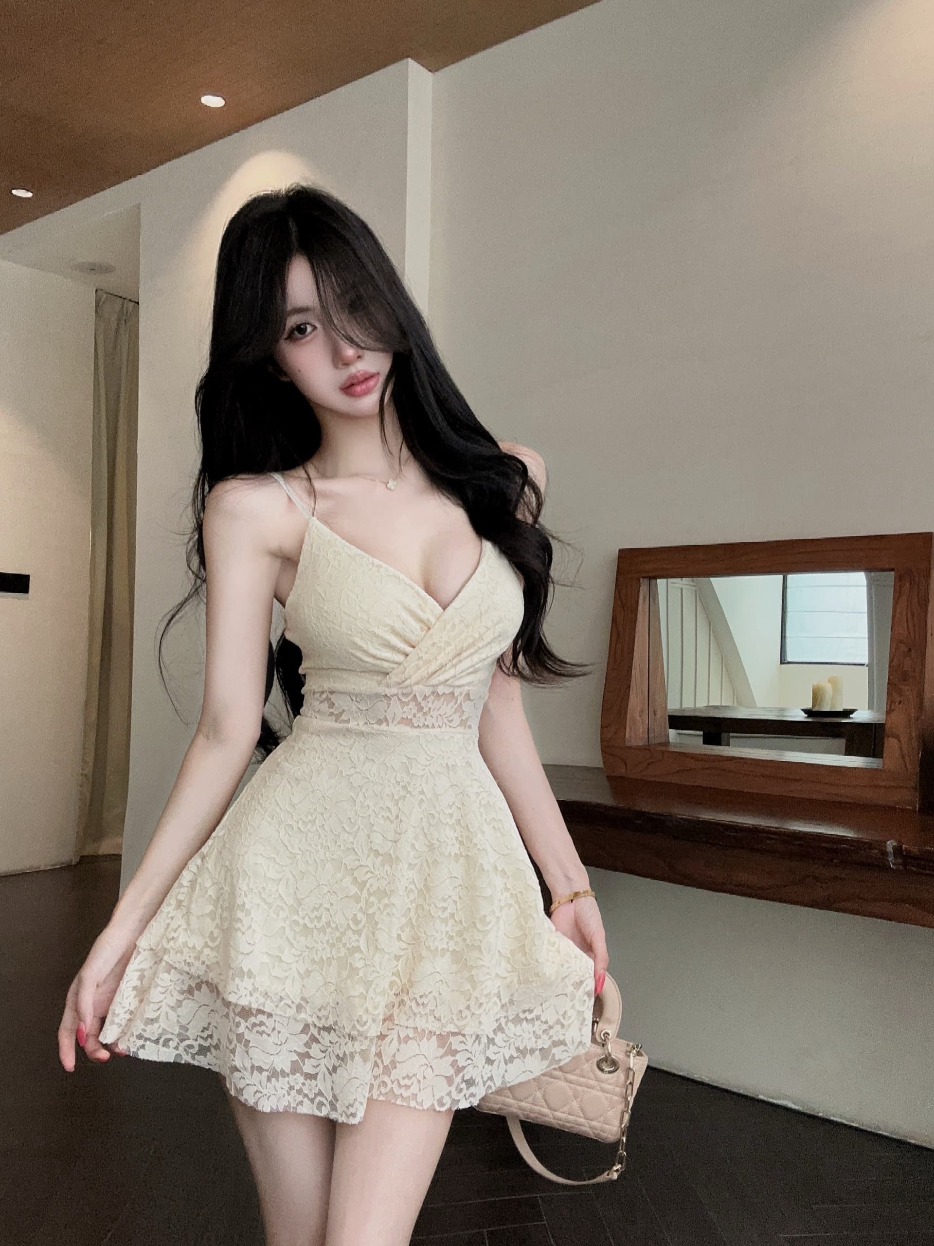 실사 새로운 다용도 섹시함 V넥 십자가 레이스 슬립 허리 수축 슬림해 보이는 큰 진자 드레스 상세 이미지 22