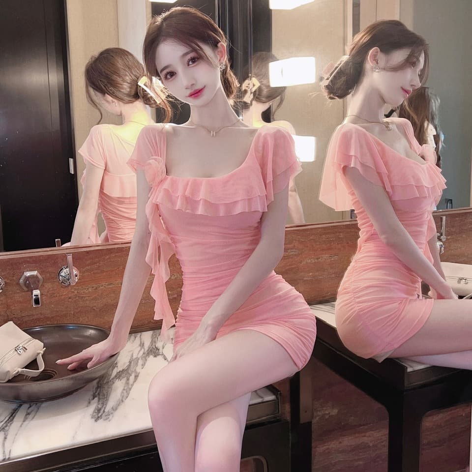 실사 새로운 다용도 섹시함 망사 반팔 술 만나는 슬림해 보이는 타이트 스커트 드레스 이미지 2