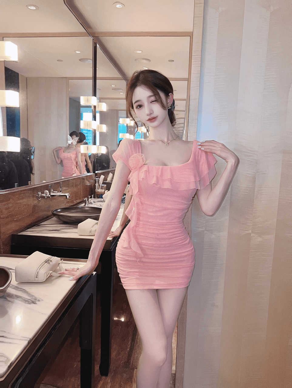 실사 새로운 다용도 섹시함 망사 반팔 술 만나는 슬림해 보이는 타이트 스커트 드레스 상세 이미지 35