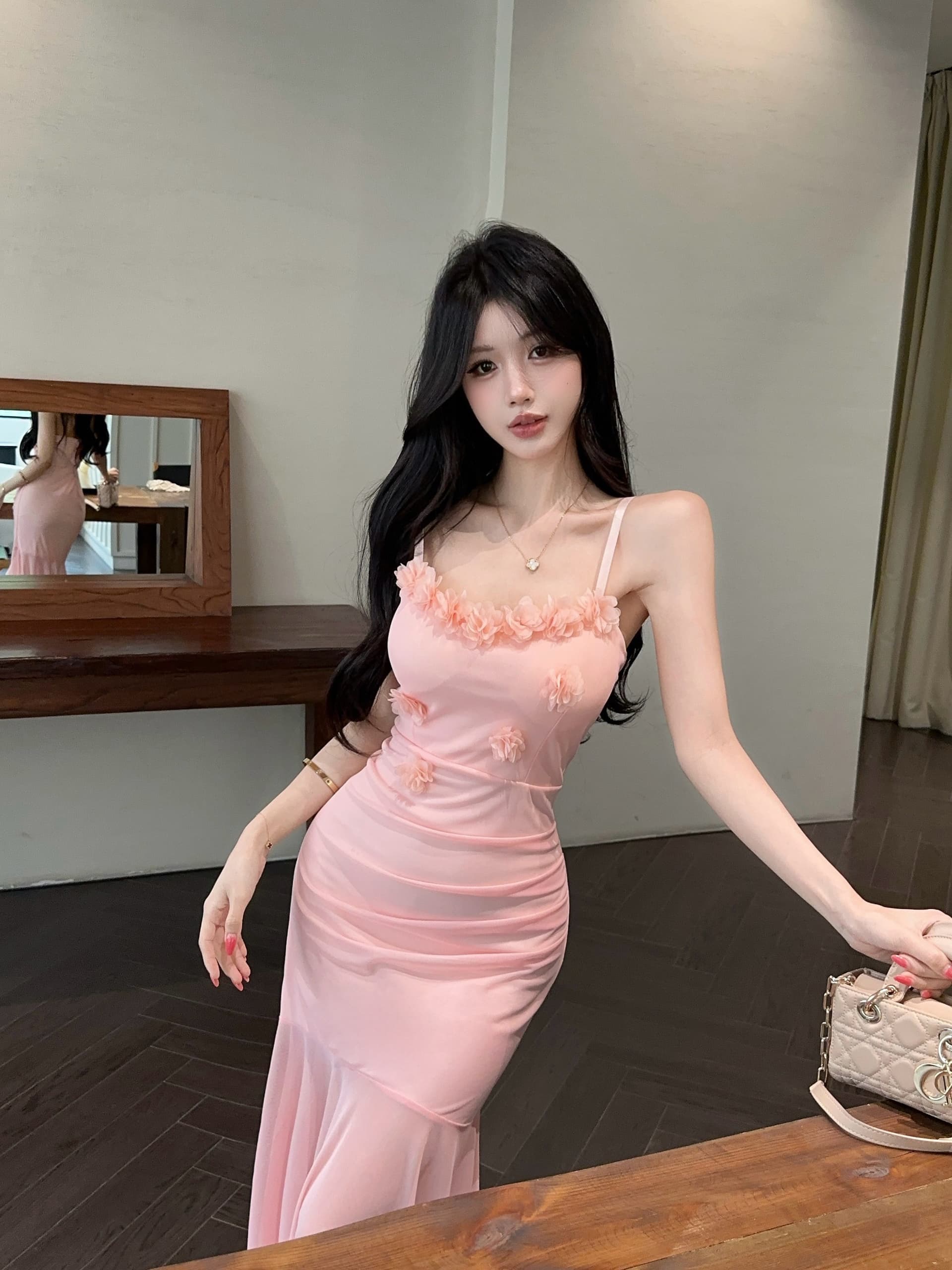 실사 새로운 섹시함 망사 롱 코트 꽃 패치워크 슬림해 보이는 슬립 드레스 상세 이미지 13