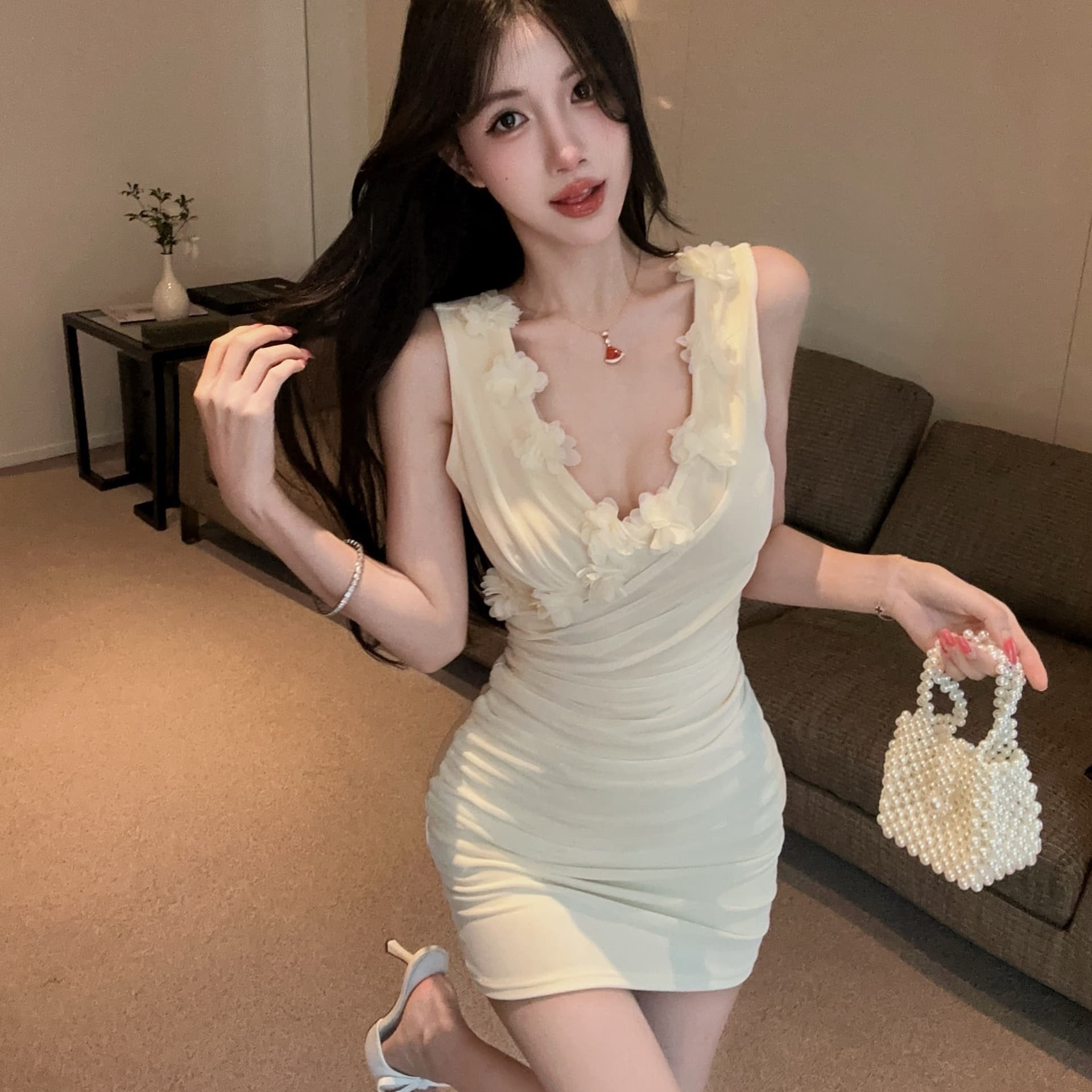 실사 새로운 쇼트 스타일 망사 섹시함 V넥 꽃 패치워크 민소매 타이트 스커트 드레스 복장 이미지 2