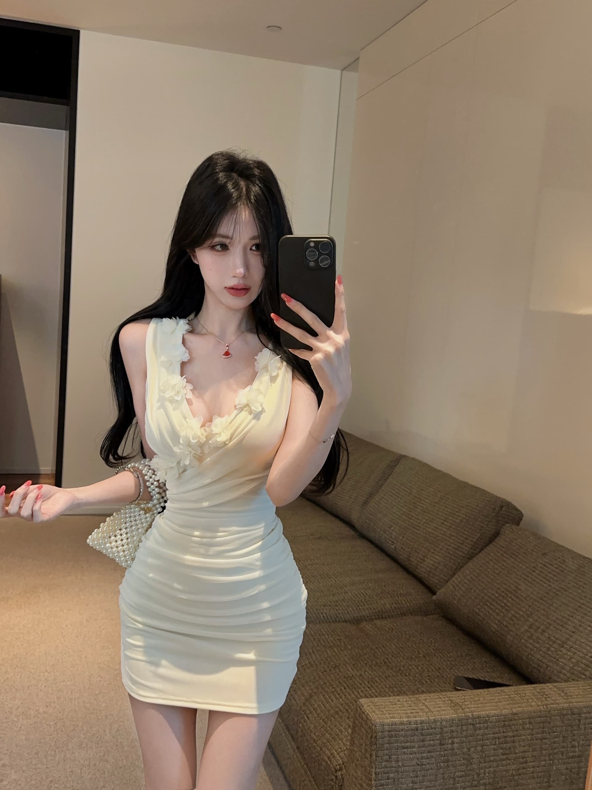 실사 새로운 쇼트 스타일 망사 섹시함 V넥 꽃 패치워크 민소매 타이트 스커트 드레스 복장 상세 이미지 3