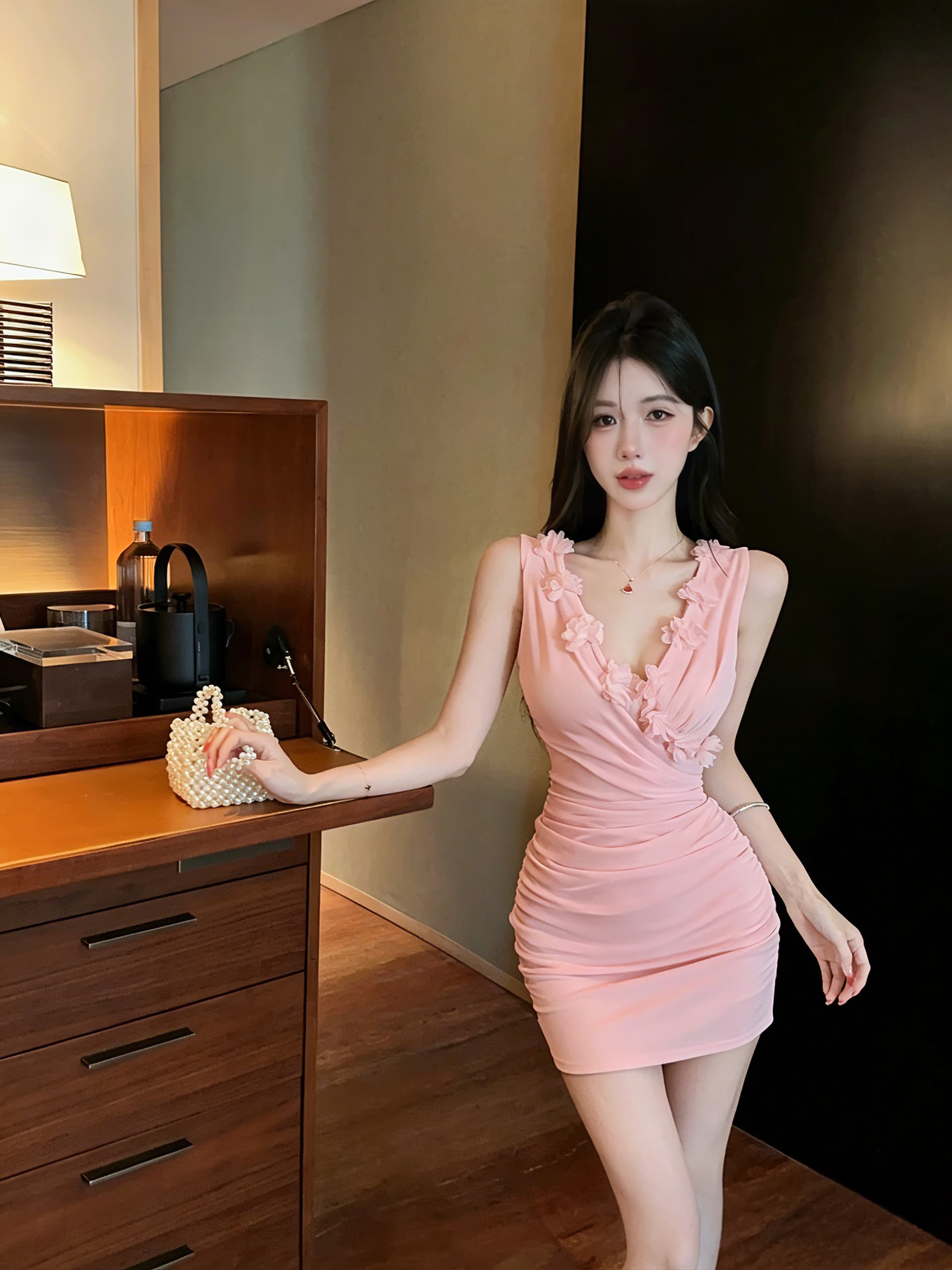 실사 새로운 쇼트 스타일 망사 섹시함 V넥 꽃 패치워크 민소매 타이트 스커트 드레스 복장 상세 이미지 15