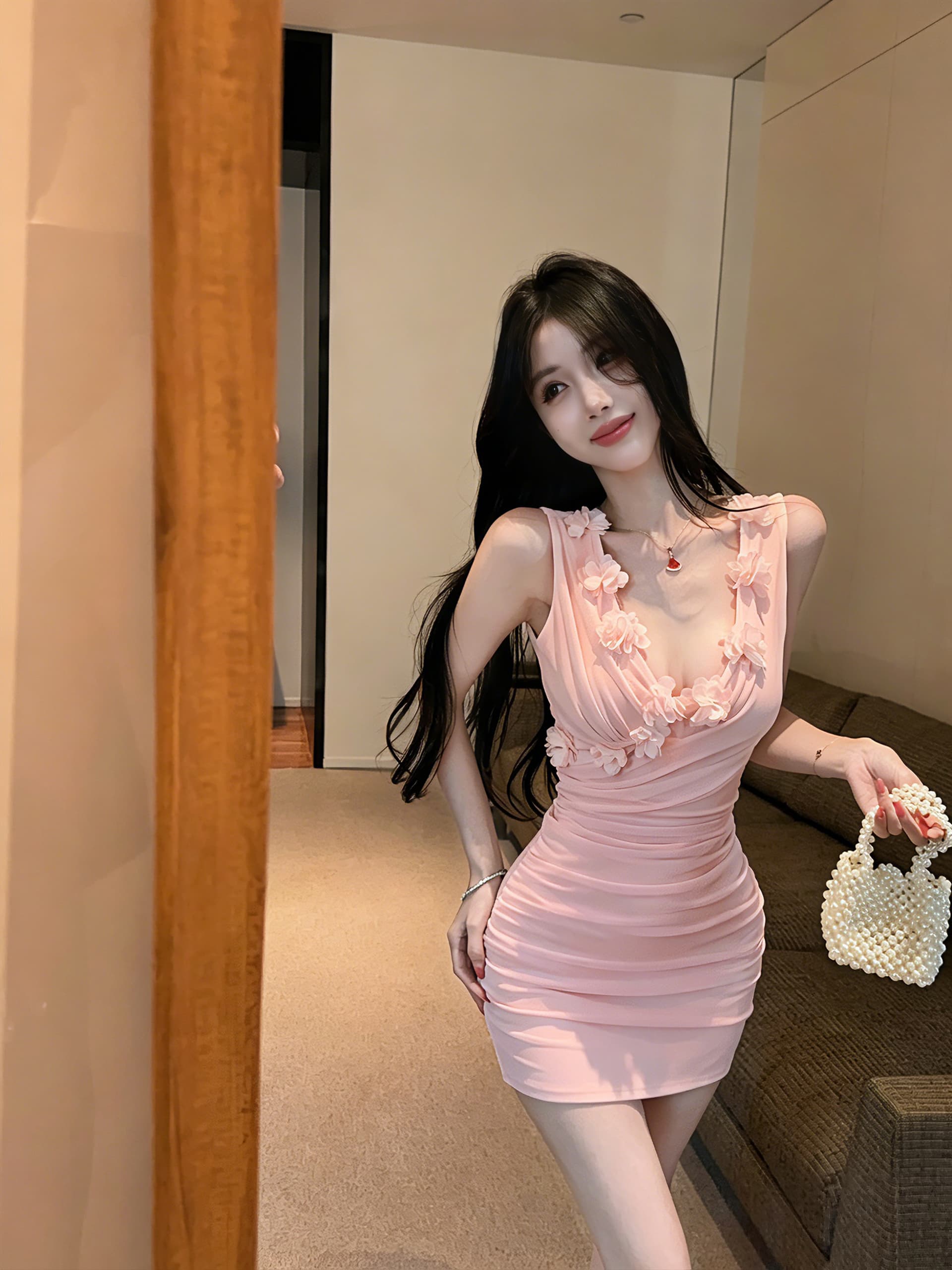 실사 새로운 쇼트 스타일 망사 섹시함 V넥 꽃 패치워크 민소매 타이트 스커트 드레스 복장 상세 이미지 17