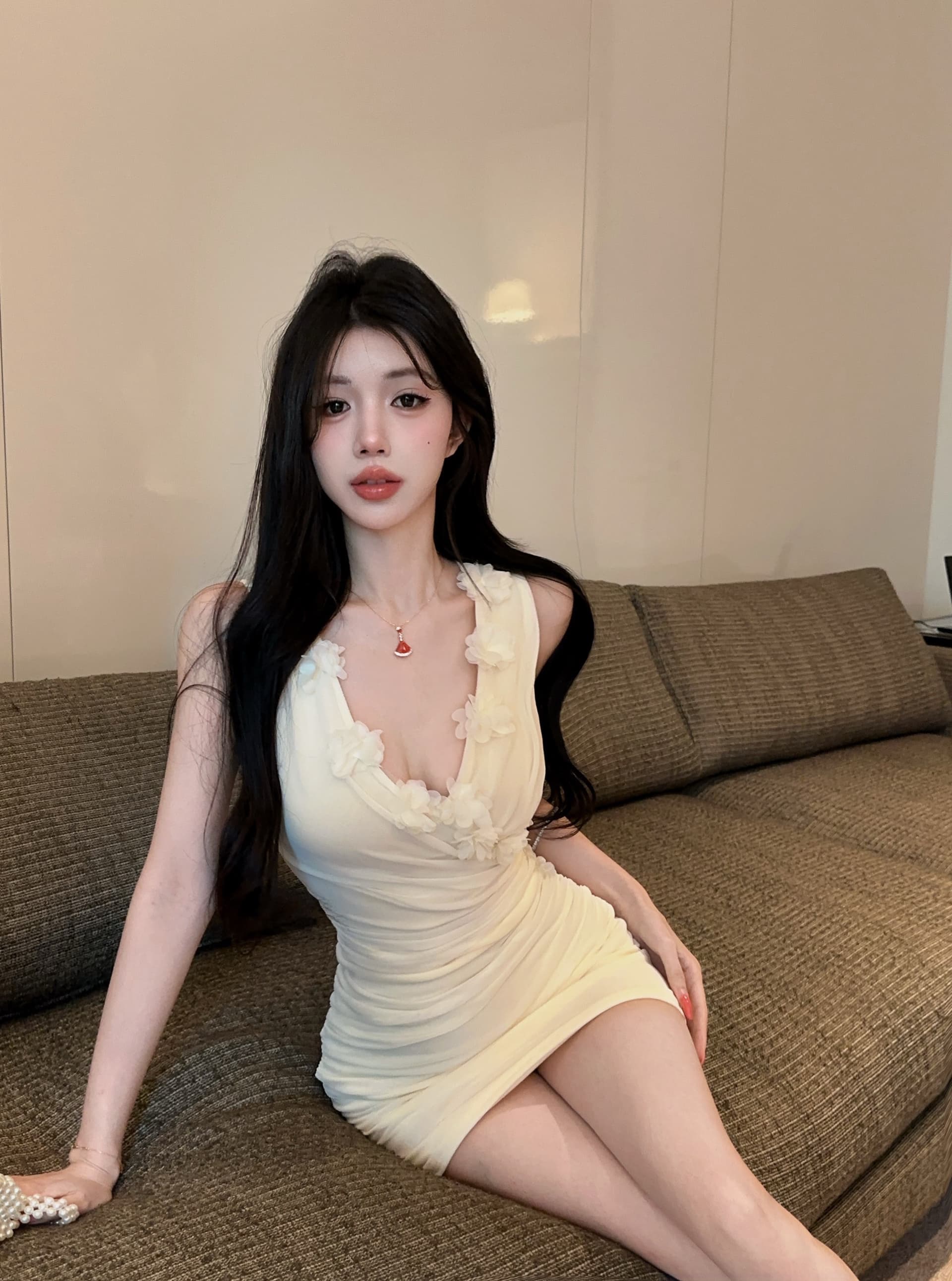 실사 새로운 쇼트 스타일 망사 섹시함 V넥 꽃 패치워크 민소매 타이트 스커트 드레스 복장 상세 이미지 21