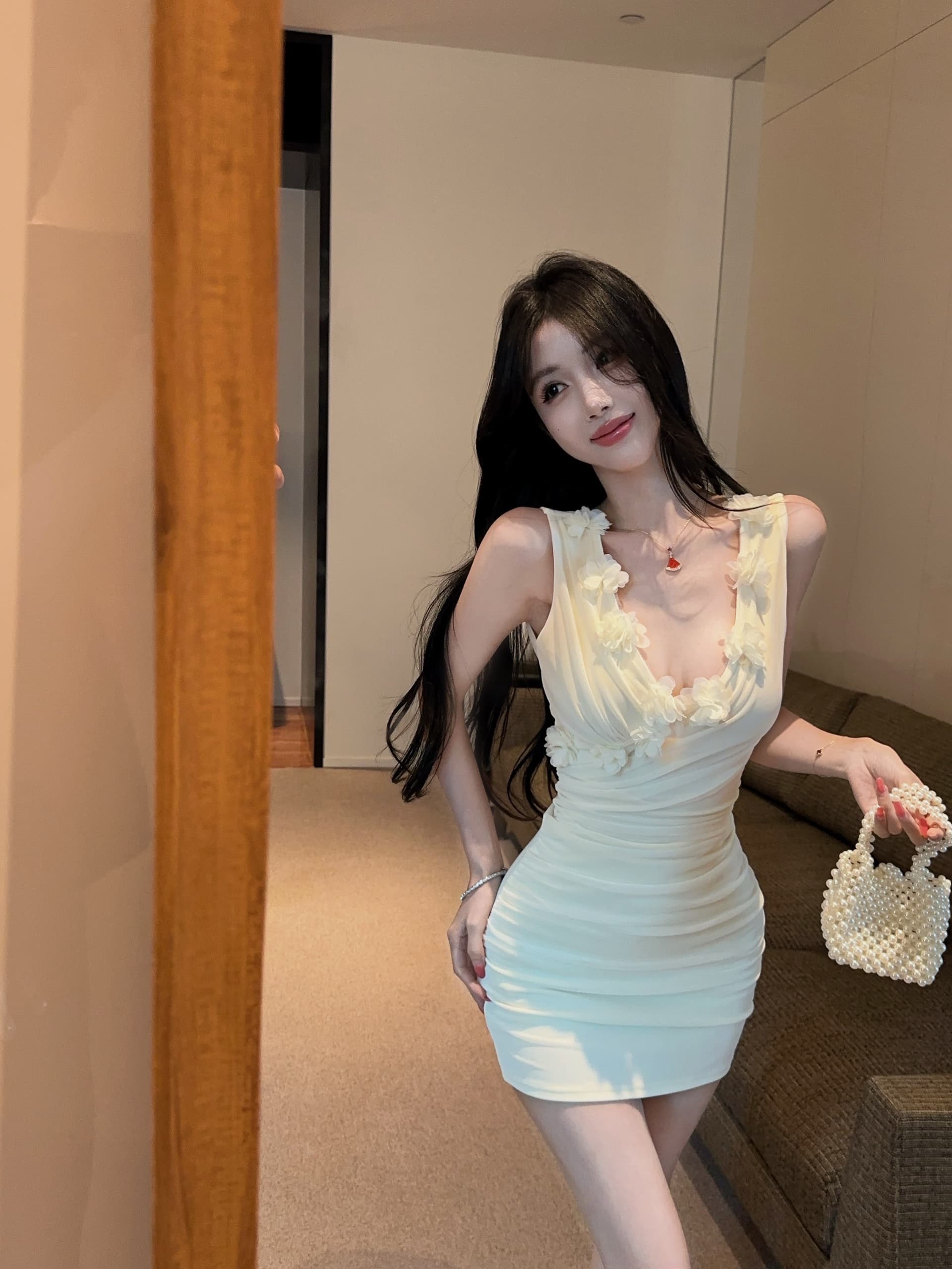 실사 새로운 쇼트 스타일 망사 섹시함 V넥 꽃 패치워크 민소매 타이트 스커트 드레스 복장 상세 이미지 23