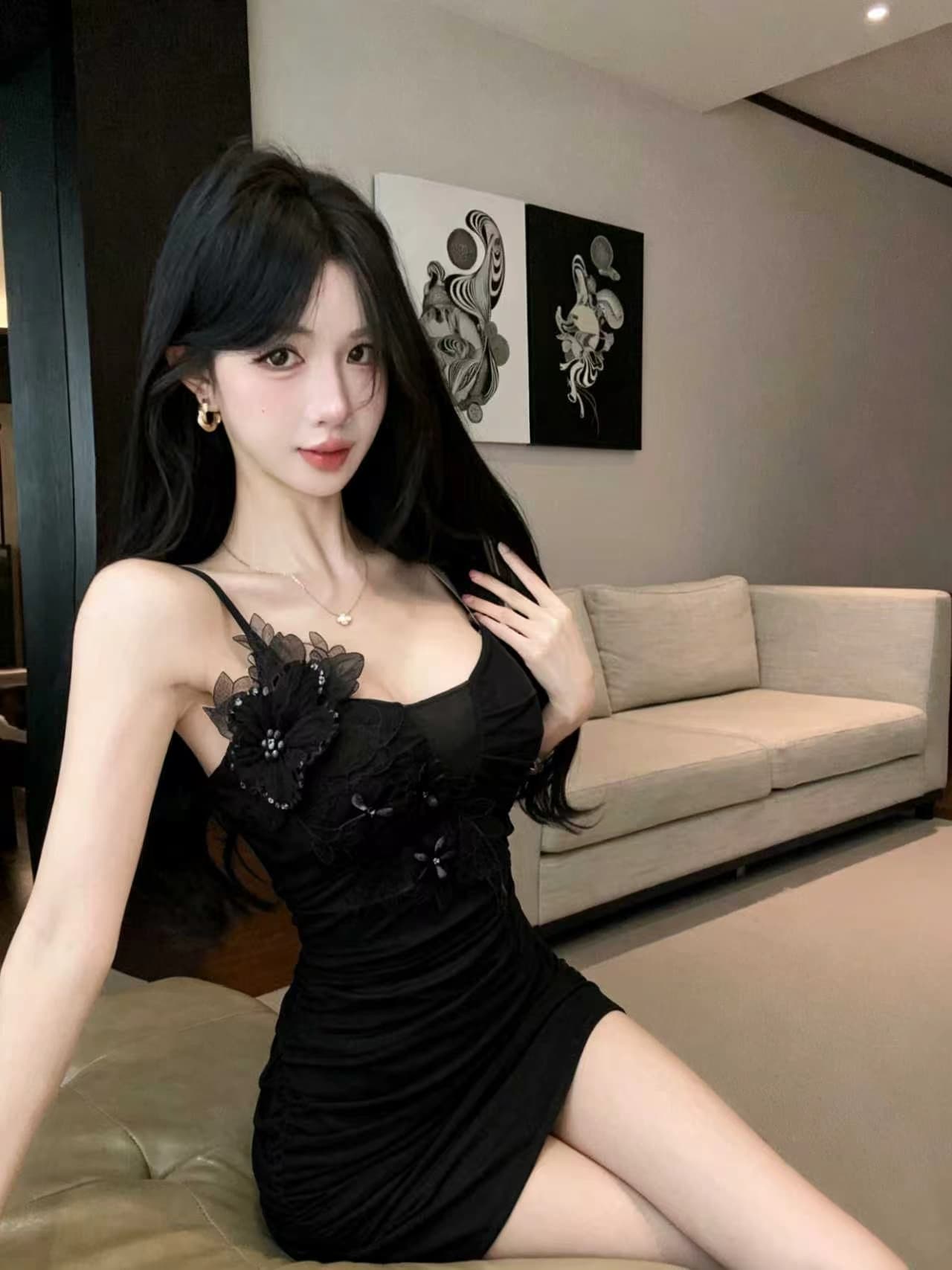 실사 새로운 다용도 슬림해 보이는 허리 수축 꽃 패치워크 쇼트 스타일 망사 슬립 드레스 상세 이미지 11
