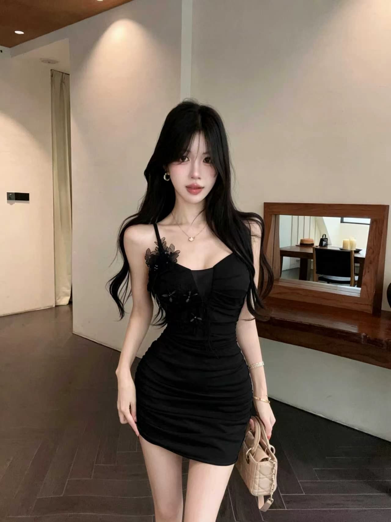 실사 새로운 다용도 슬림해 보이는 허리 수축 꽃 패치워크 쇼트 스타일 망사 슬립 드레스 상세 이미지 15