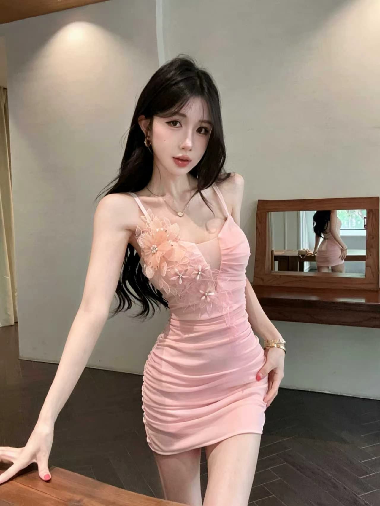 실사 새로운 다용도 슬림해 보이는 허리 수축 꽃 패치워크 쇼트 스타일 망사 슬립 드레스 상세 이미지 26