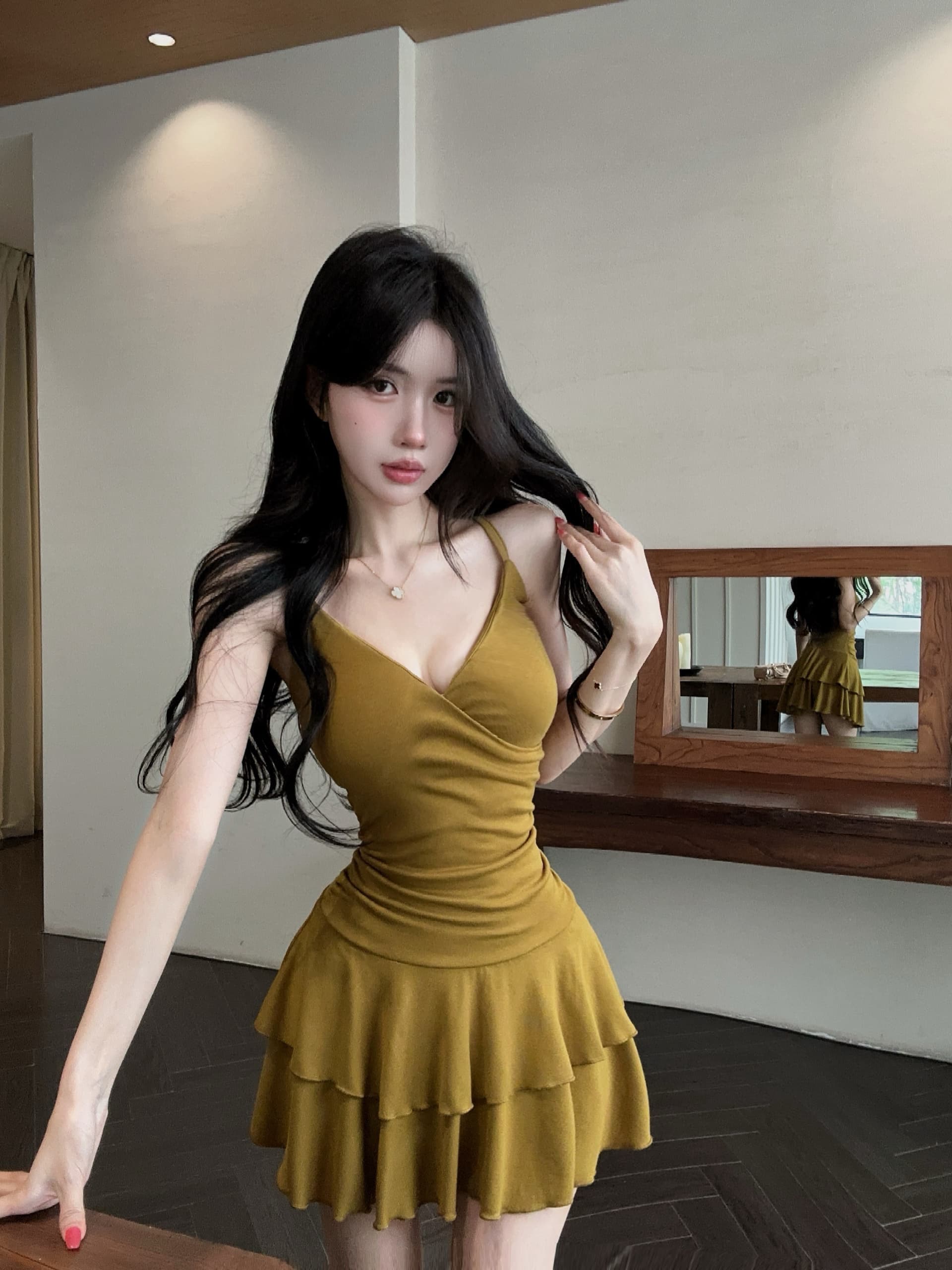 실사 새로운 다용도 프릴 퍼프 행침 슬림해 보이는 타이트 스커트 벨트 쇼트 스타일 드레스 상세 이미지 7