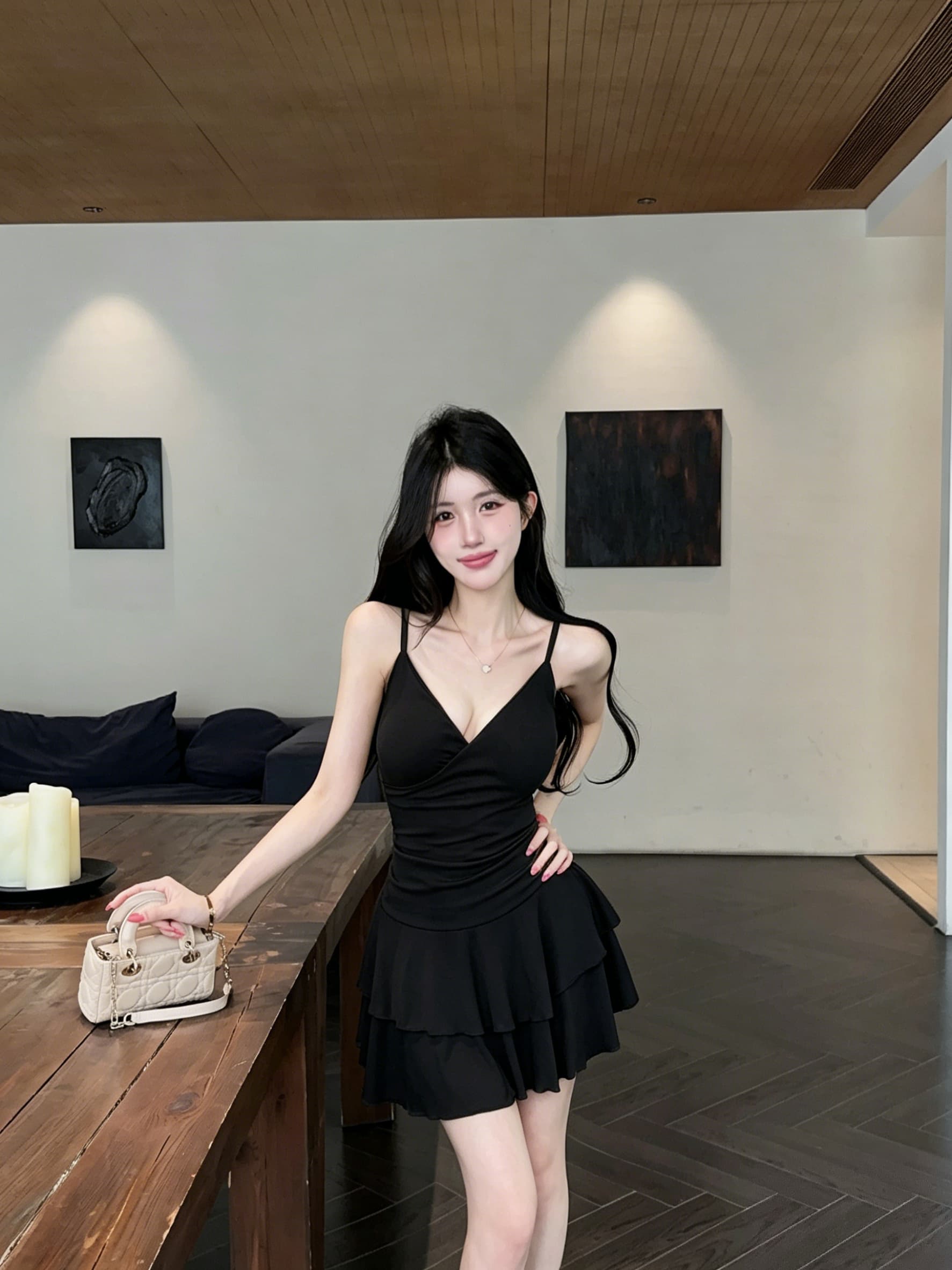 실사 새로운 다용도 프릴 퍼프 행침 슬림해 보이는 타이트 스커트 벨트 쇼트 스타일 드레스 상세 이미지 16