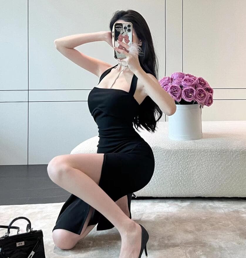실사 새로운 행침 목 치마 슬림해 보이는 허리 수축 섹시함 이슬 허리 허리 수축 슬림해 보이는 트임 타이트 스커트 드레스 이미지 4