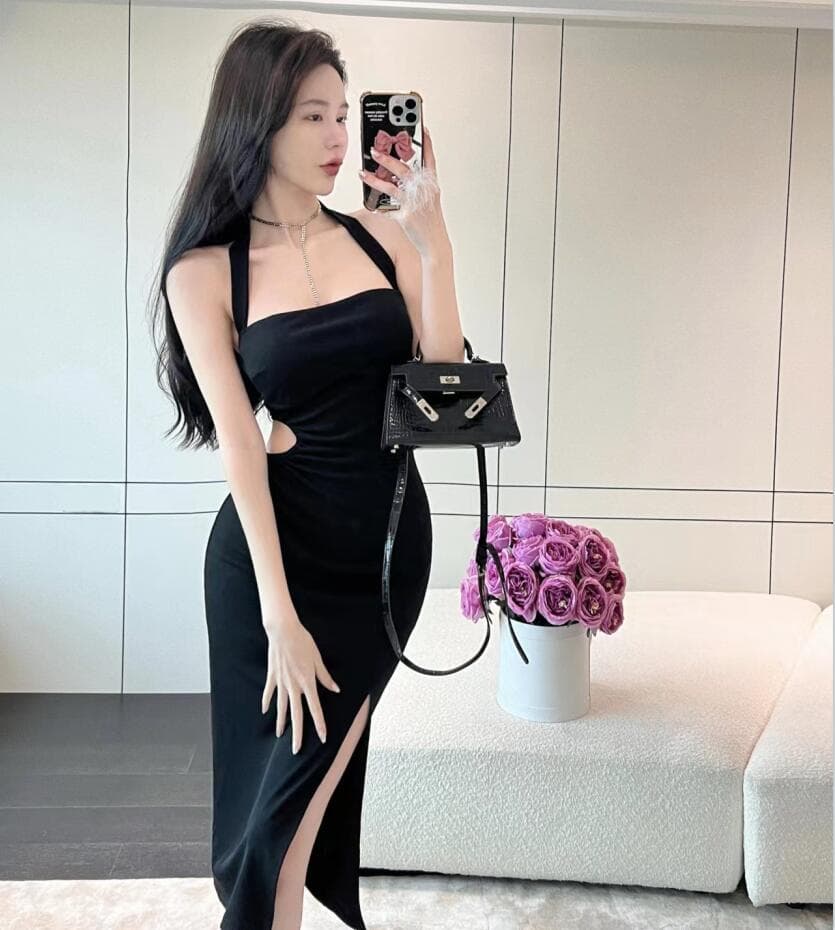 실사 새로운 행침 목 치마 슬림해 보이는 허리 수축 섹시함 이슬 허리 허리 수축 슬림해 보이는 트임 타이트 스커트 드레스 상세 이미지 3