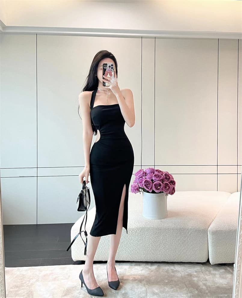 실사 새로운 행침 목 치마 슬림해 보이는 허리 수축 섹시함 이슬 허리 허리 수축 슬림해 보이는 트임 타이트 스커트 드레스 상세 이미지 13