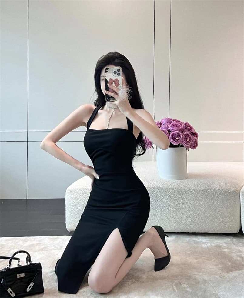 실사 새로운 행침 목 치마 슬림해 보이는 허리 수축 섹시함 이슬 허리 허리 수축 슬림해 보이는 트임 타이트 스커트 드레스 상세 이미지 14