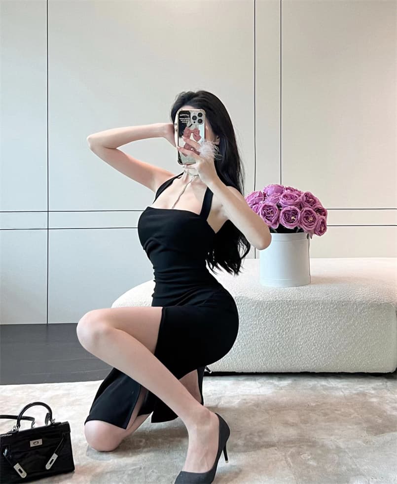 실사 새로운 행침 목 치마 슬림해 보이는 허리 수축 섹시함 이슬 허리 허리 수축 슬림해 보이는 트임 타이트 스커트 드레스 상세 이미지 17