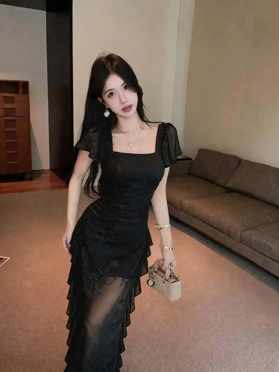 실사 새로운 다용도 슬림해 보이는 레이스 롱 코트 반팔 허리 수축 치마 드레스 복장 상세 이미지 15