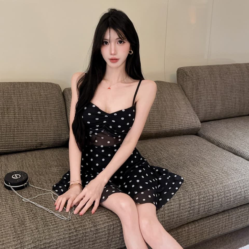 실사 새로운 다용도 쇼트 스타일 도트 무늬 망사 슬립 허리 수축 슬림해 보이는 드레스 이미지 3