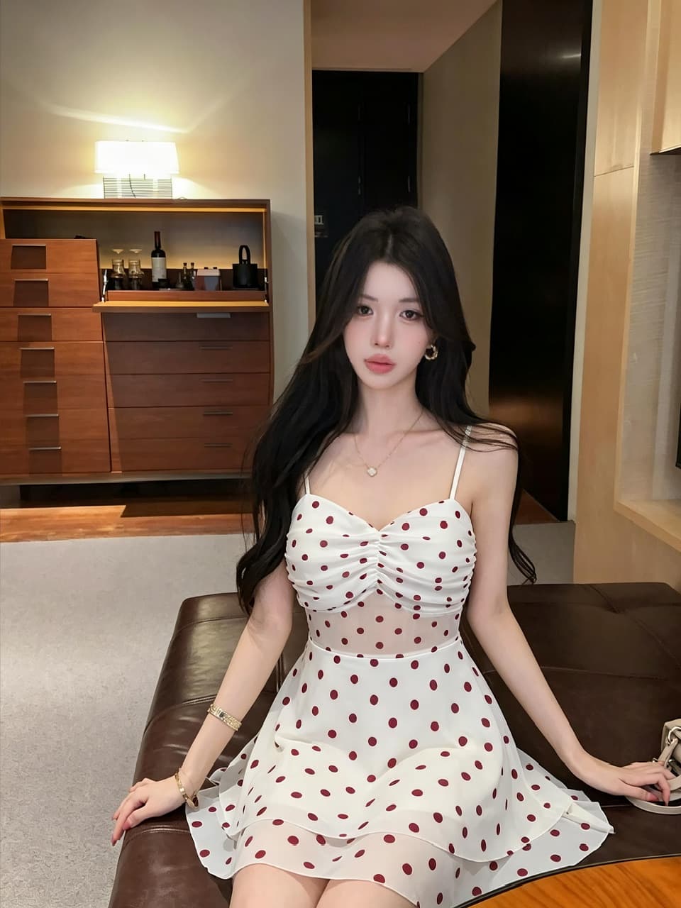 실사 새로운 다용도 쇼트 스타일 도트 무늬 망사 슬립 허리 수축 슬림해 보이는 드레스 상세 이미지 2