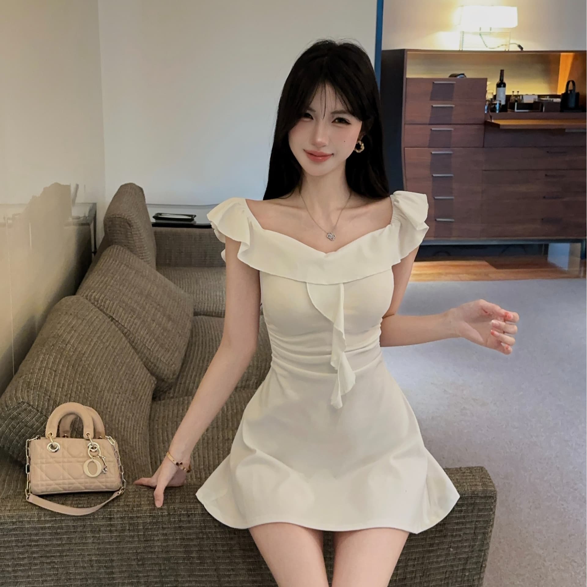 실사 새로운 신축성 오프숄더 섹시함 보트넥 면 소재 타이트 타이트 스커트 점프 슈트 치마 이미지 2