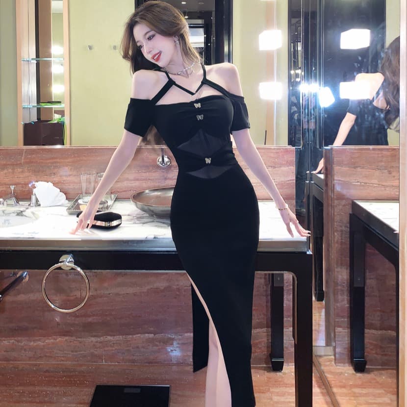 실사 새로운 섹시함 오프숄더 백리스 치마 싸움 망사 허리 수축 슬림해 보이는 롱 코트 드레스 이미지 5