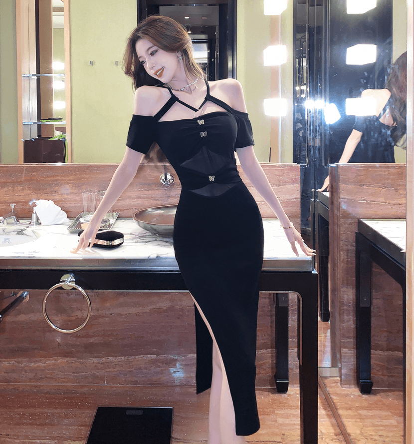 실사 새로운 섹시함 오프숄더 백리스 치마 싸움 망사 허리 수축 슬림해 보이는 롱 코트 드레스 상세 이미지 5