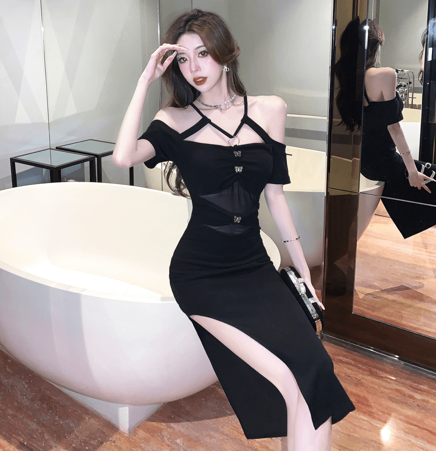 실사 새로운 섹시함 오프숄더 백리스 치마 싸움 망사 허리 수축 슬림해 보이는 롱 코트 드레스 상세 이미지 8