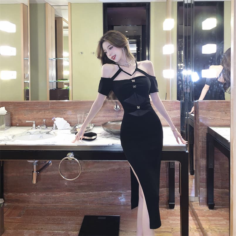 실사 새로운 섹시함 오프숄더 백리스 치마 싸움 망사 허리 수축 슬림해 보이는 롱 코트 드레스 상세 이미지 12