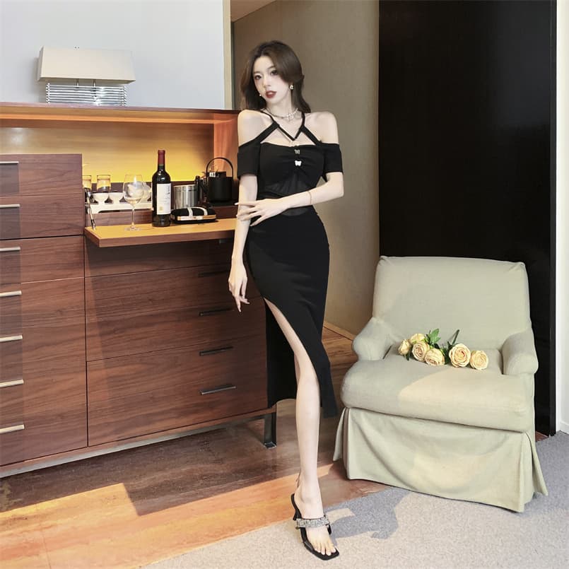 실사 새로운 섹시함 오프숄더 백리스 치마 싸움 망사 허리 수축 슬림해 보이는 롱 코트 드레스 상세 이미지 14
