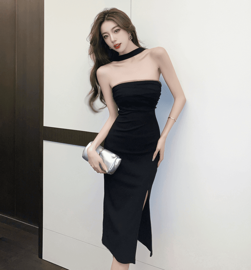 실사 섹시함 행침 목 싸움 망사 슬림해 보이는 중간 길이 치마 다용도 타이트 스커트 드레스 벨트 포함