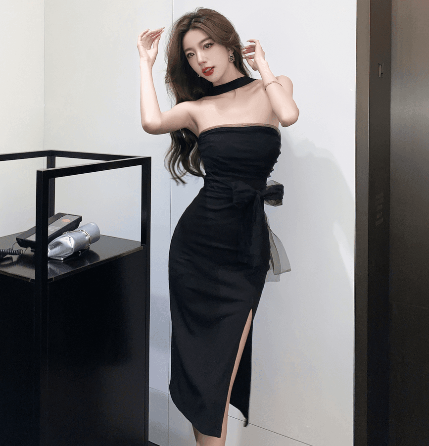 실사 섹시함 행침 목 싸움 망사 슬림해 보이는 중간 길이 치마 다용도 타이트 스커트 드레스 벨트 포함 상세 이미지 5