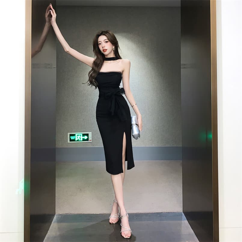 실사 섹시함 행침 목 싸움 망사 슬림해 보이는 중간 길이 치마 다용도 타이트 스커트 드레스 벨트 포함 상세 이미지 13