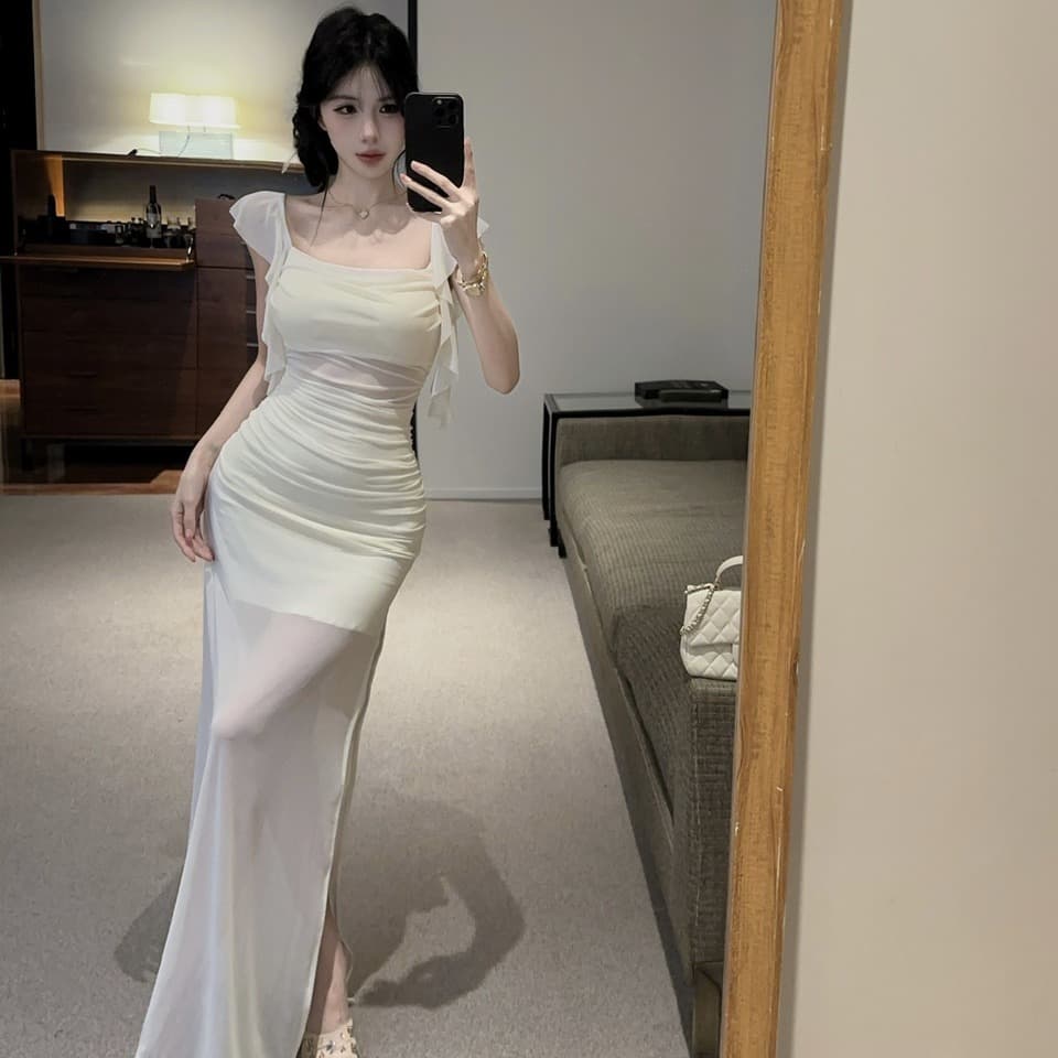 실사 새로운 다용도 슬림해 보이는 허리 수축 롱 코트 망사 드레스 복장 이미지 2