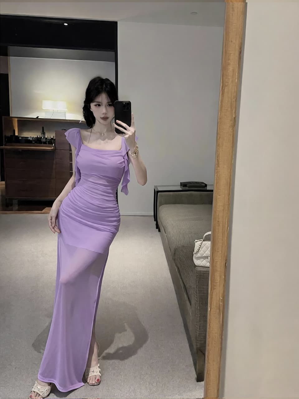 실사 새로운 다용도 슬림해 보이는 허리 수축 롱 코트 망사 드레스 복장 상세 이미지 2