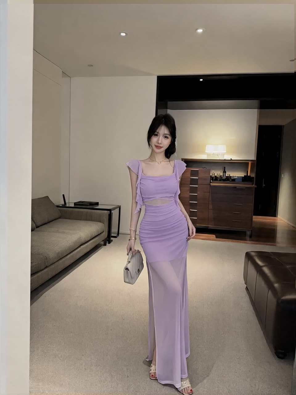 실사 새로운 다용도 슬림해 보이는 허리 수축 롱 코트 망사 드레스 복장 상세 이미지 3