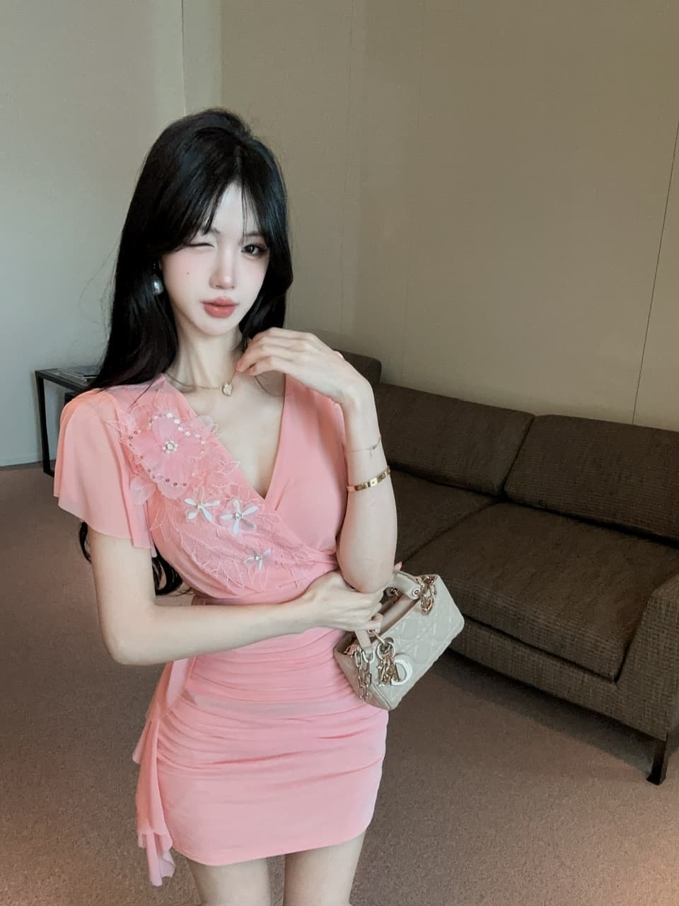 실사 새로운 다용도 치마 쇼트 스타일 슬림해 보이는 구슬 조각 패치워크 망사 타이트 스커트 드레스 상세 이미지 27