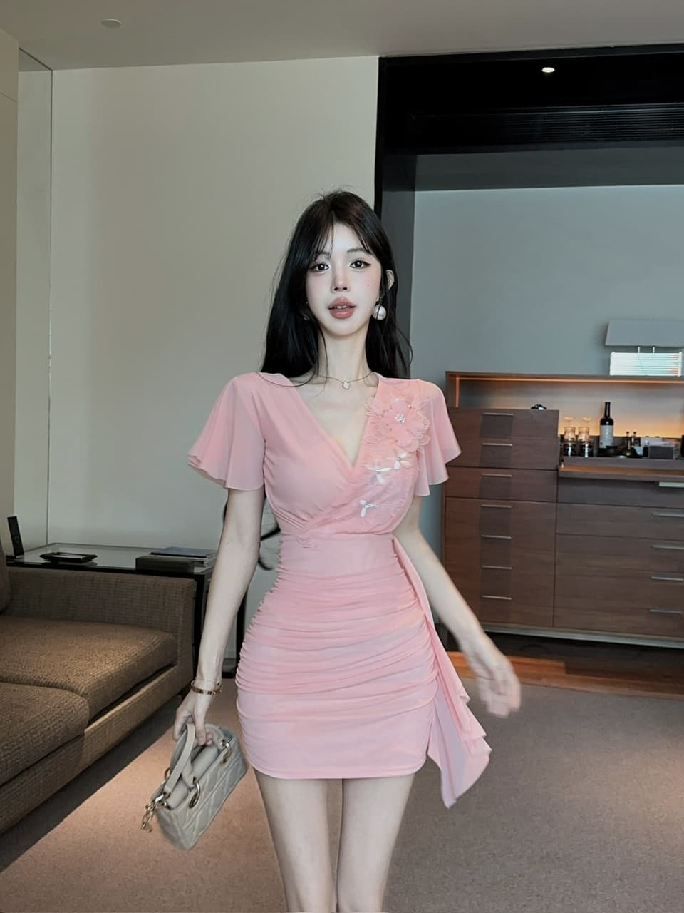 실사 새로운 다용도 치마 쇼트 스타일 슬림해 보이는 구슬 조각 패치워크 망사 타이트 스커트 드레스 상세 이미지 30