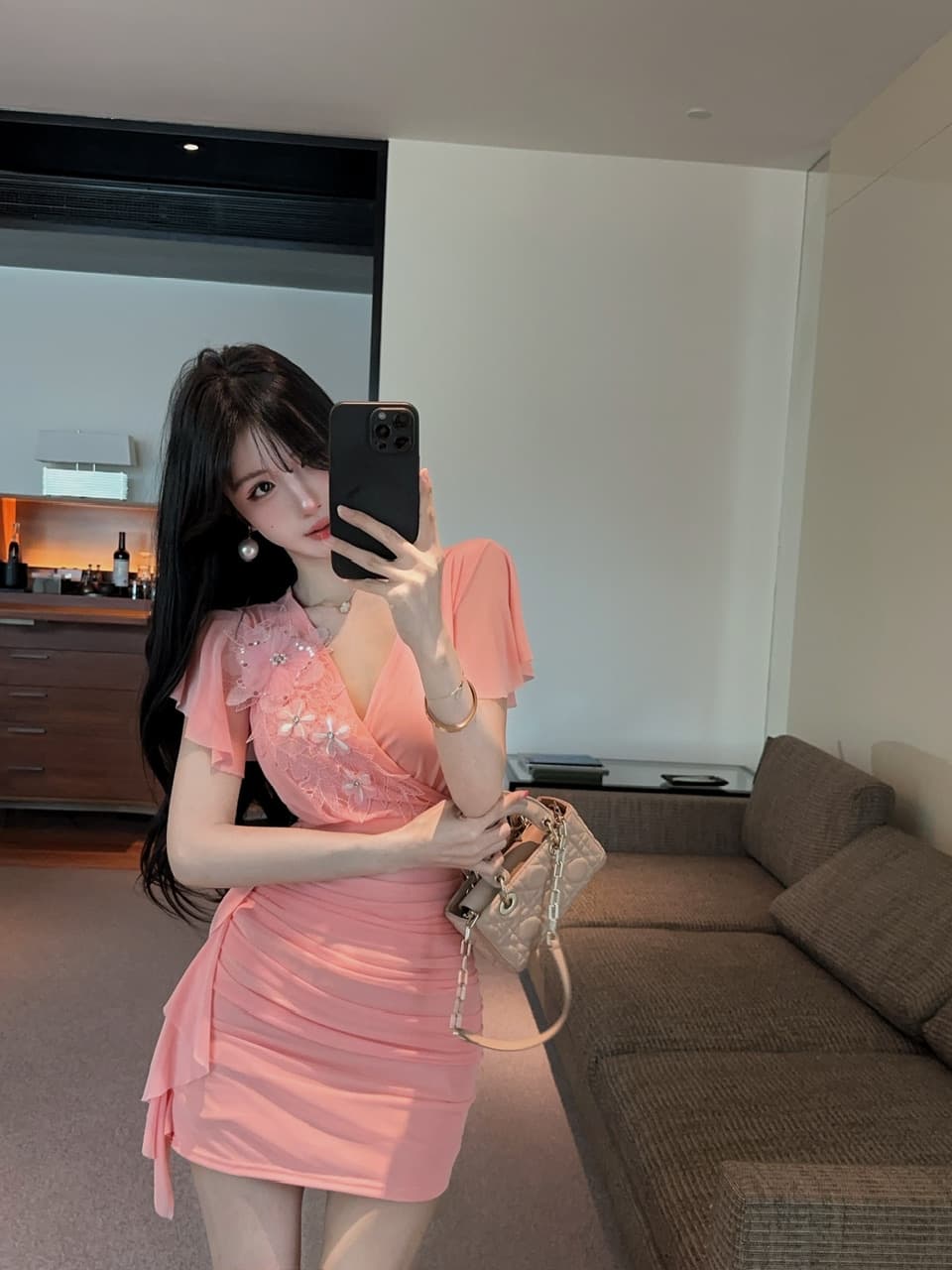 실사 새로운 다용도 치마 쇼트 스타일 슬림해 보이는 구슬 조각 패치워크 망사 타이트 스커트 드레스 상세 이미지 32
