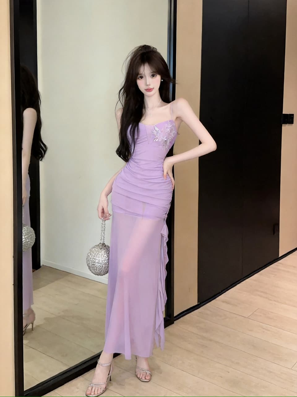 실사 새로운 다용도 슬림해 보이는 허리 수축 롱 코트 망사 섹시함 슬립 드레스 상세 이미지 5