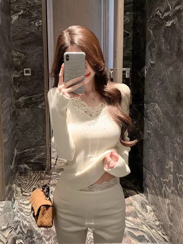 프랑스식 순수한 욕망 명문 여성 다이아몬드 세팅 레이스 측면 니트 스웨터 맨위 여성 가을 겨울철 몸매 가꾸기 슬림해 보이는 인사이드 가져 가라. 예쁜 스웨터 상세 이미지 3