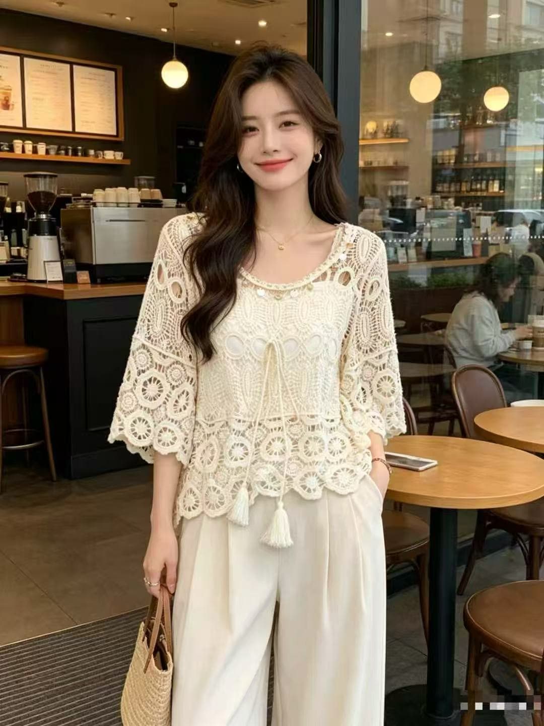 실사 봄 여름 드레스 새로운 자수 홀로우 아웃 레이스 셔츠 얇은 스타일 니트 풀오버 루즈핏 중간 소매 경기 치마 가운 상세 이미지 2